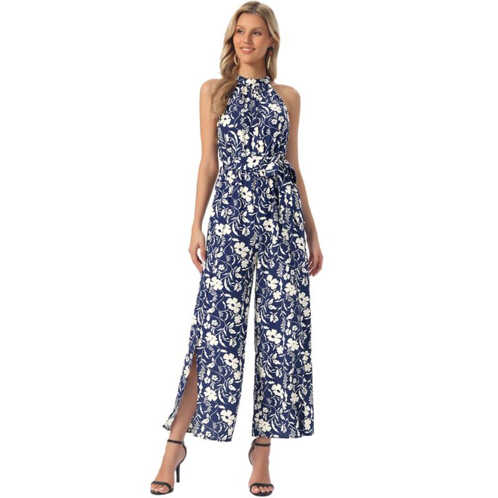 Women's Sleeveless Jumpsuit Boho Pattern Slit Wide Leg Pants Dark Blue